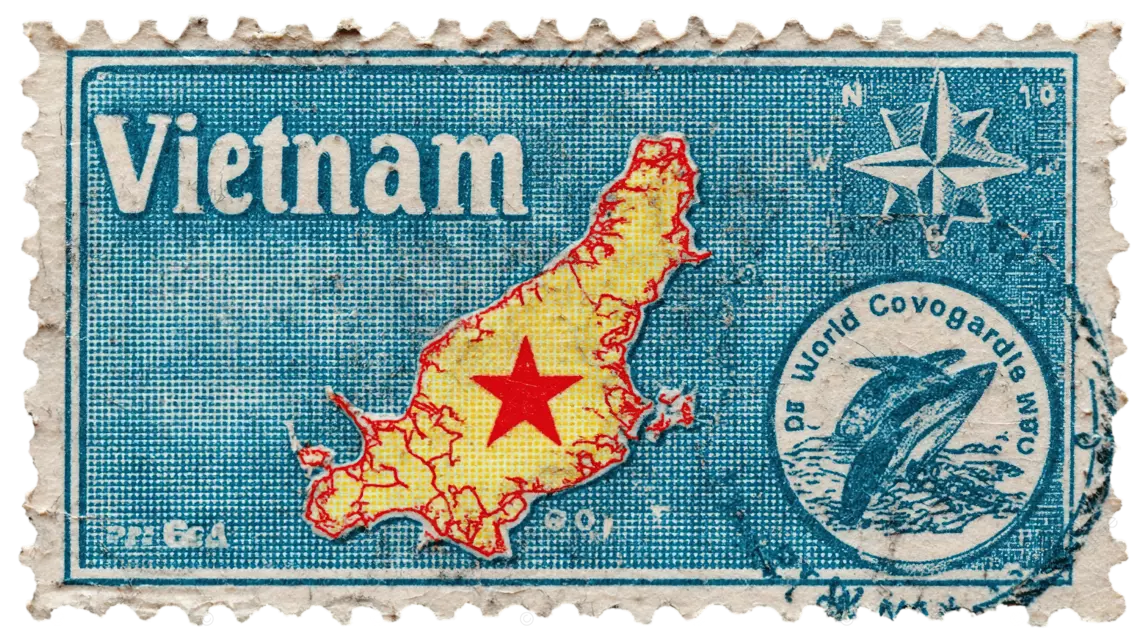 越南地图矩形邮票，带有蓝色网格背景和罗盘设计