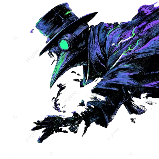 瘟疫面具医生荷兰角度深绿色紫色霓虹灯蓝色俄罗斯建构主义风格罪恶之城雷明顿富有表现力的墨水飞溅日本木版画平面形状动态姿势辛辣烟雾极端特写