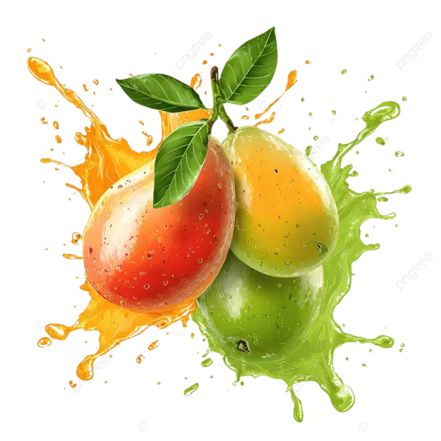 白色背景上以番石榴和芒果为特色的鲜艳泼墨艺术标志