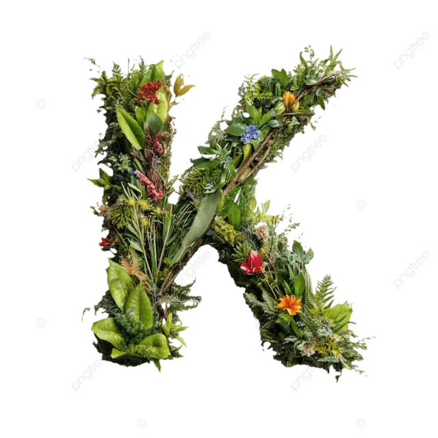 由五颜六色的花朵和绿叶制成的花卉字母 k