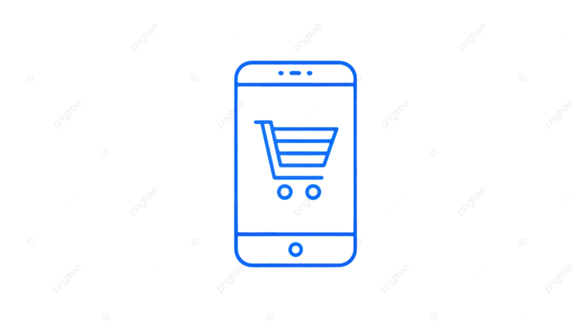 一个极简风格的图标，深蓝色智能手机，带有购物车，用于移动购物。