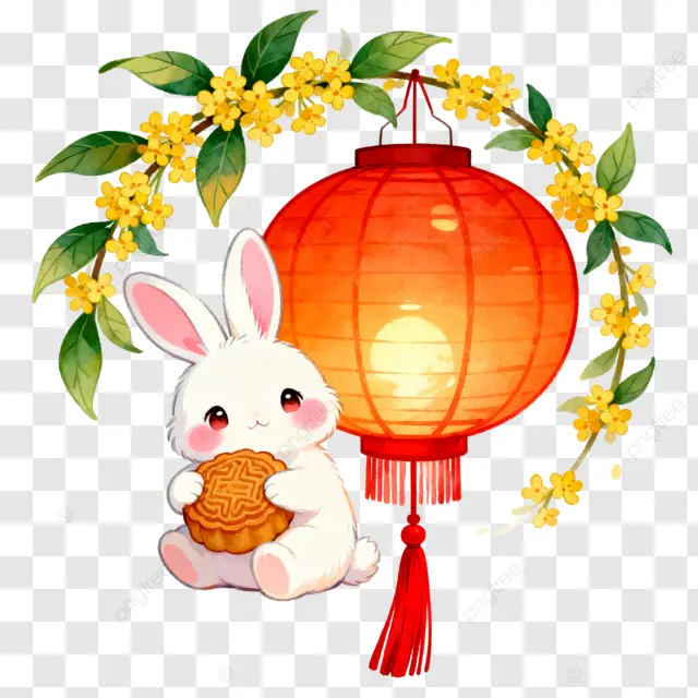 卡通水彩画桂花花环灯笼兔子月饼中秋节团圆夜剪纸画