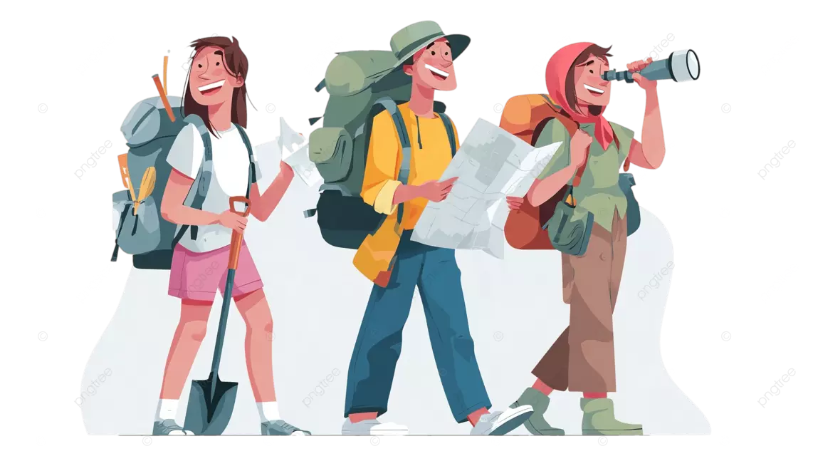 三个快乐的徒步旅行者带着地图和望远镜进行户外探险