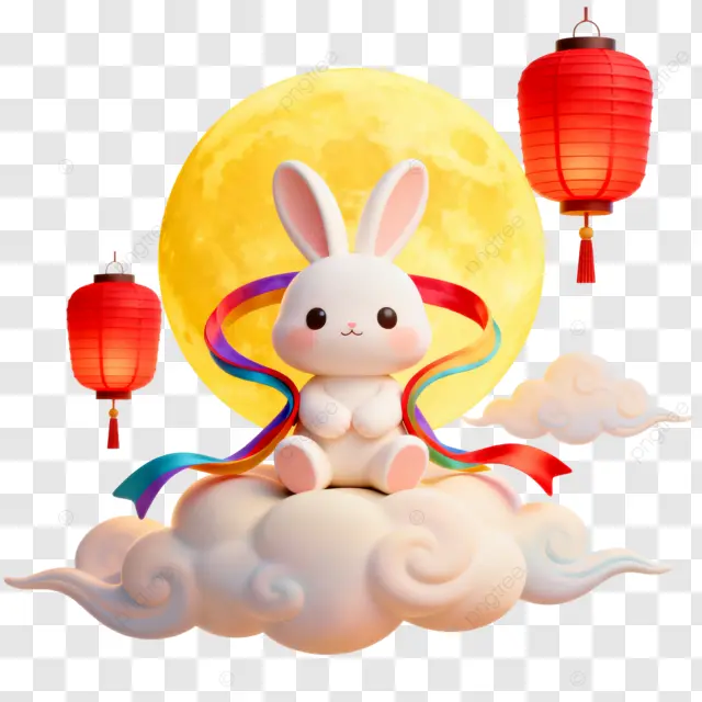 卡通3D兔子灯笼祥云丝带月亮中秋团圆夜切画