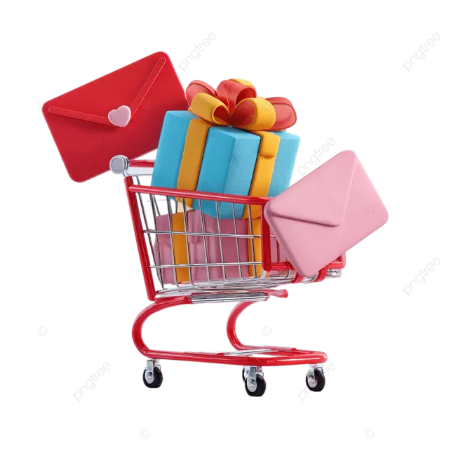 带有五颜六色礼品盒和信封的红色购物车