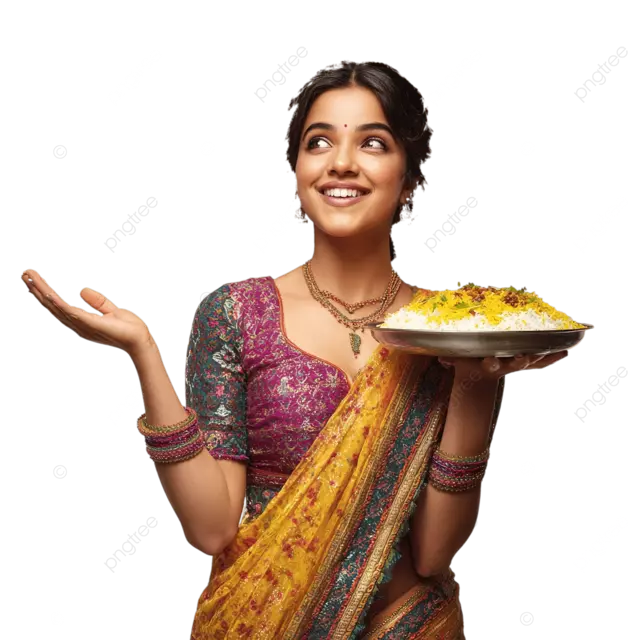 穿着色彩鲜艳的纱丽的南亚女性在优雅的室内环境中享用印度香饭，心情愉悦