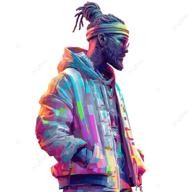 身着 Lowpoly 3D 都市街头服饰 留着脏辫和胡须的合成波说唱歌手