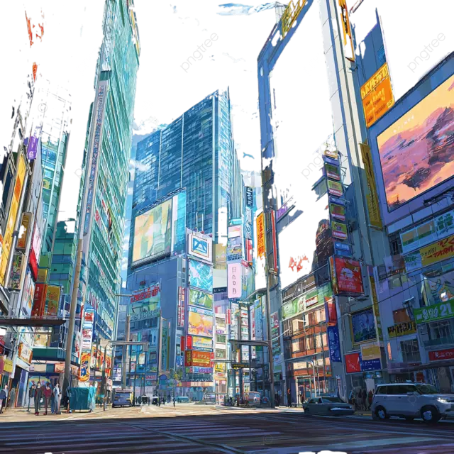 充满活力的动漫城市景观，数字广告牌和繁华的街道