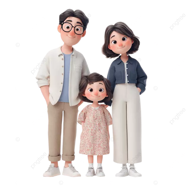 韩国家庭3D角色组温暖的迷人表情休闲时尚服装柔软的照明