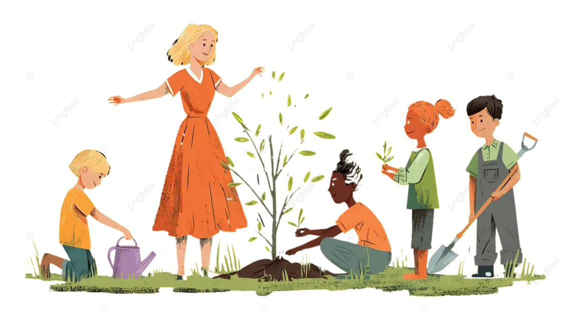 一群人在户外植树，一位身穿橙色衣服的女士指导孩子们浇水和种植树苗