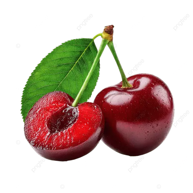 整个成熟的樱桃和多汁的半切樱桃，绿叶在白色背景上具有逼真的纹理