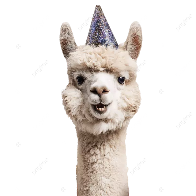 一只面带微笑的羊驼，戴着闪闪发光的派对帽，上面挂满了礼物和彩带。