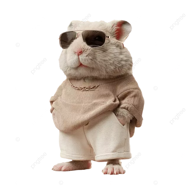 时尚的黑色仓鼠，穿着超大号的时装，戴着太阳镜，背景是腮红粉色