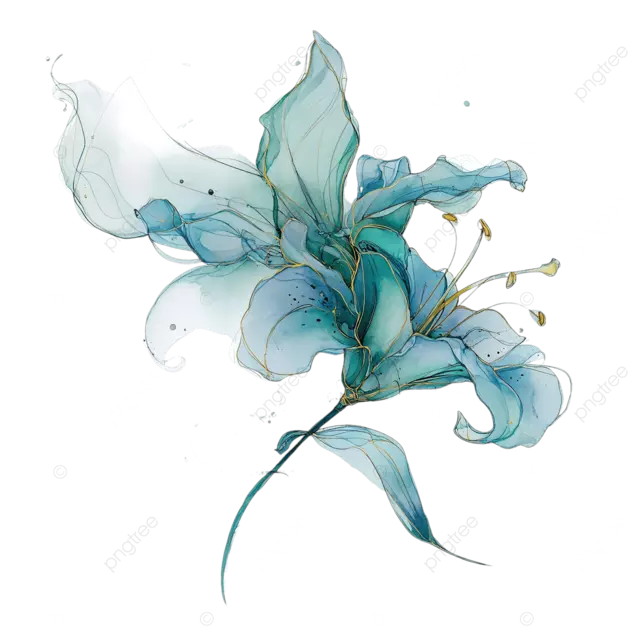 优雅的百合花，流体墨水，水彩画，旋转的细腻线条，空灵的光线，简约的梦幻般的优雅氛围