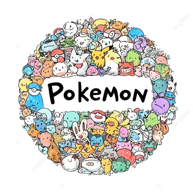 色彩鲜艳的可爱卡通宝可梦圆形图案，白色背景，简洁线条剪贴画风格。