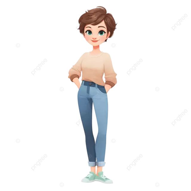 风格化的2D女性角色，用于休闲手机游戏，柔和的颜色和开朗的心情