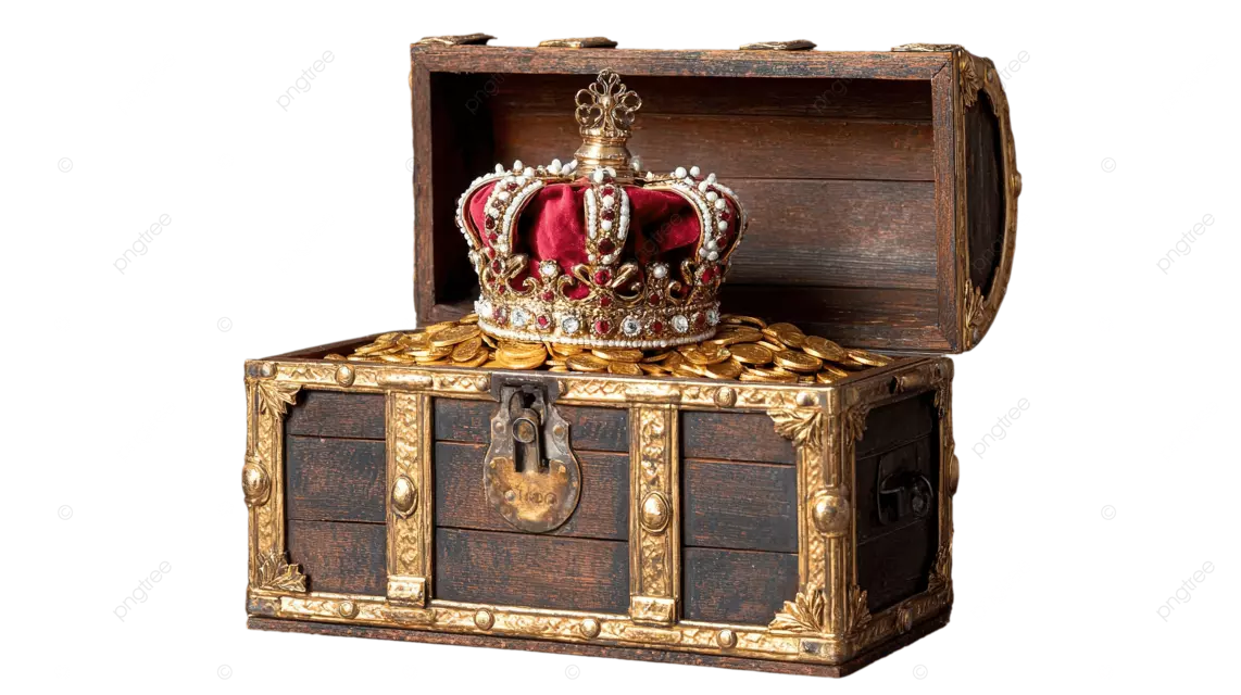 一个敞开的宝箱，里面装满了金币和一顶红皇冠