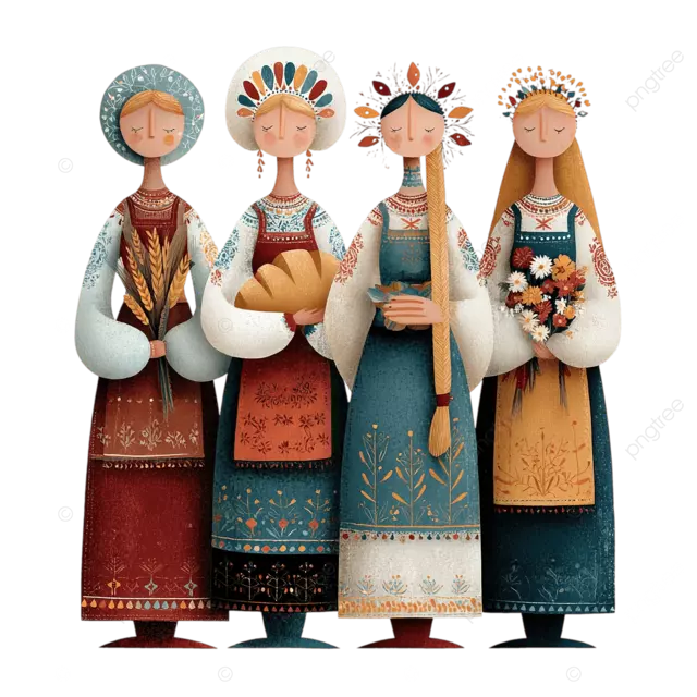 四名俄罗斯妇女穿着民间服装极简插图