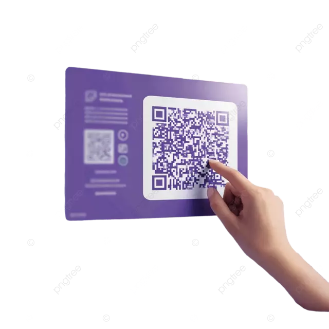 手在广告牌上扫描二维码，背景为扁平的紫白色背景