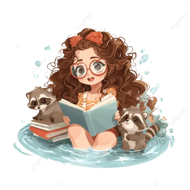 可爱的 Qhibi 动漫女孩，棕色卷发，戴着心形眼镜，在泳池里和浣熊一起读书