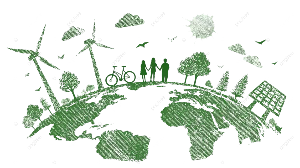 绿色的地球轮廓，上面有风力涡轮机 自行车 家谱 太阳能电池板和鸟儿。