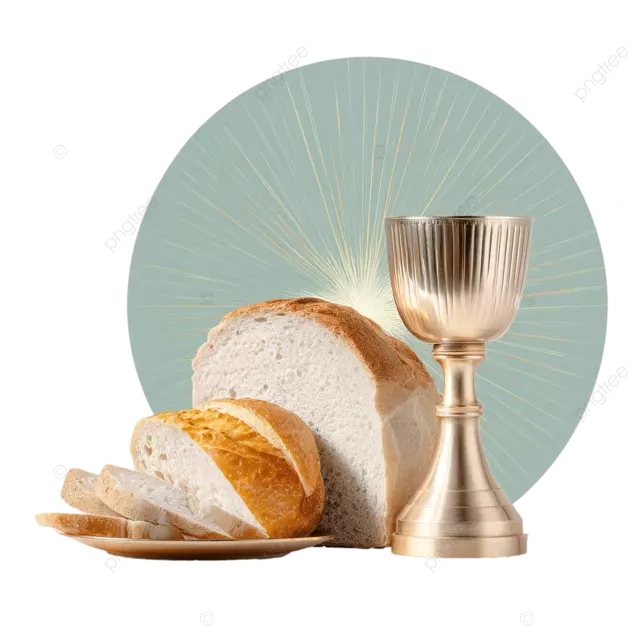 风格化的圣餐公告封面，带有圣杯和面包的电影灯光柔和的色调