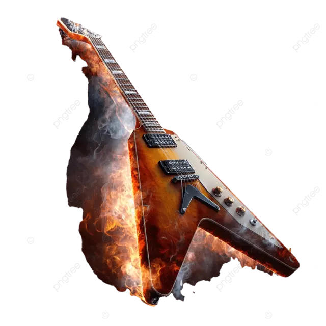 烟雾和火焰点燃的金属舞台上飞翔的电吉他