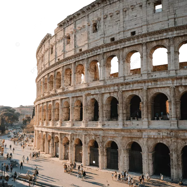 罗马斗兽场在晴天，游客穿着休闲的现代服装拍照