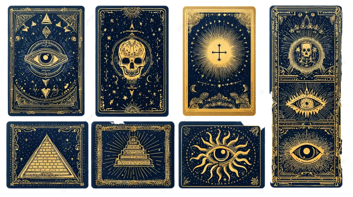 深蓝色背景上的七张塔罗牌，上面有金色的眼睛 太阳和骷髅图案