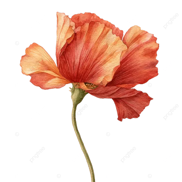 一朵盛开的罂粟花，花瓣细节丰富，花茎弯曲，水彩插图。