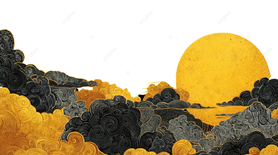 金色的太阳，黑色的云朵，繁星点点，构成一幅华丽的东方图案。