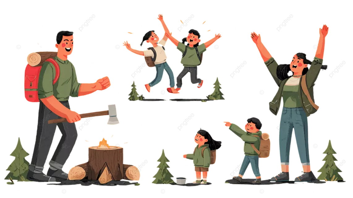 家庭户外探险，徒步旅行 劈柴 烹饪和欣赏美景