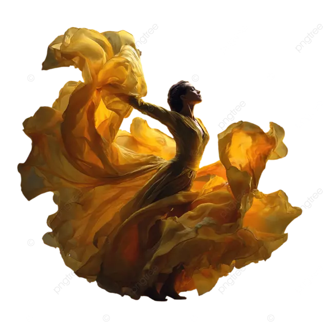 弗拉明戈舞者身着黄色长裙，摆出半身姿势，裙摆飘逸，融入抽象图案中。