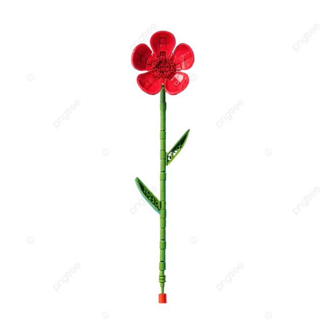 蓝白色背景上带有绿色茎的极简主义红色乐高花