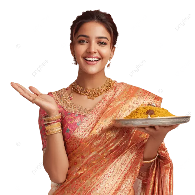 穿着色彩鲜艳的纱丽的南亚女性在柔和温暖的灯光下享受印度香饭，心情愉悦