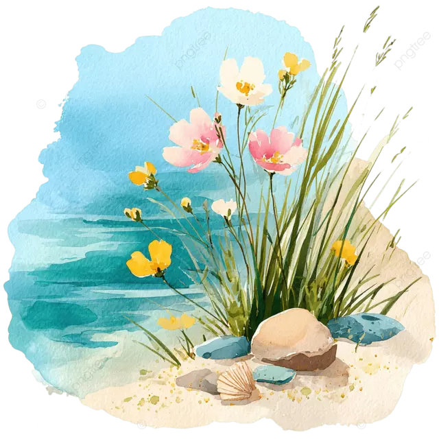 宁静的沿海水彩与野花和贝壳