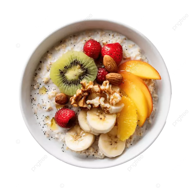 极简主义的早餐高架视图，燕麦片新鲜水果和坚果