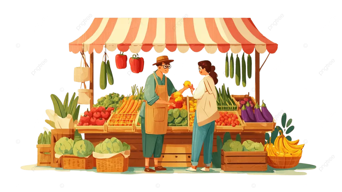 市场摊位场景，小贩和顾客交换新鲜蔬菜和水果