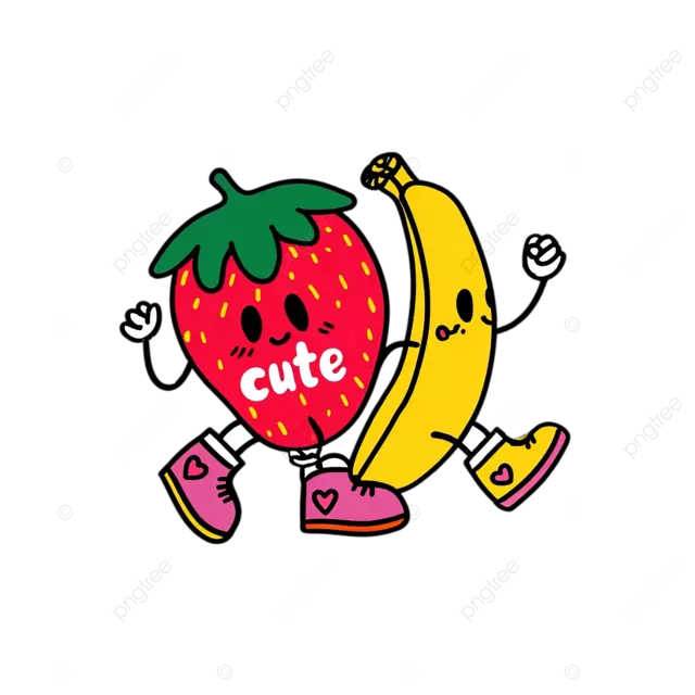 可爱的胖卡通草莓和香蕉在五颜六色的鞋子中跳舞