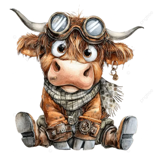 水彩风格的高地牛，身着蒸汽朋克服饰，有着大大的眼睛和长长的鼻子