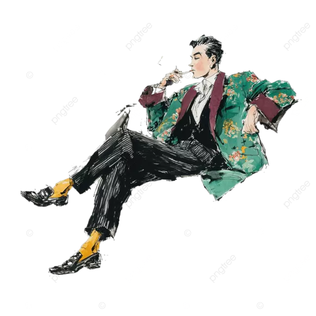 一位身穿花卉西装外套和细条纹长裤的休闲男性形象的时尚插图