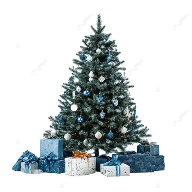 海军蓝色背景上挂满礼物的圣诞树