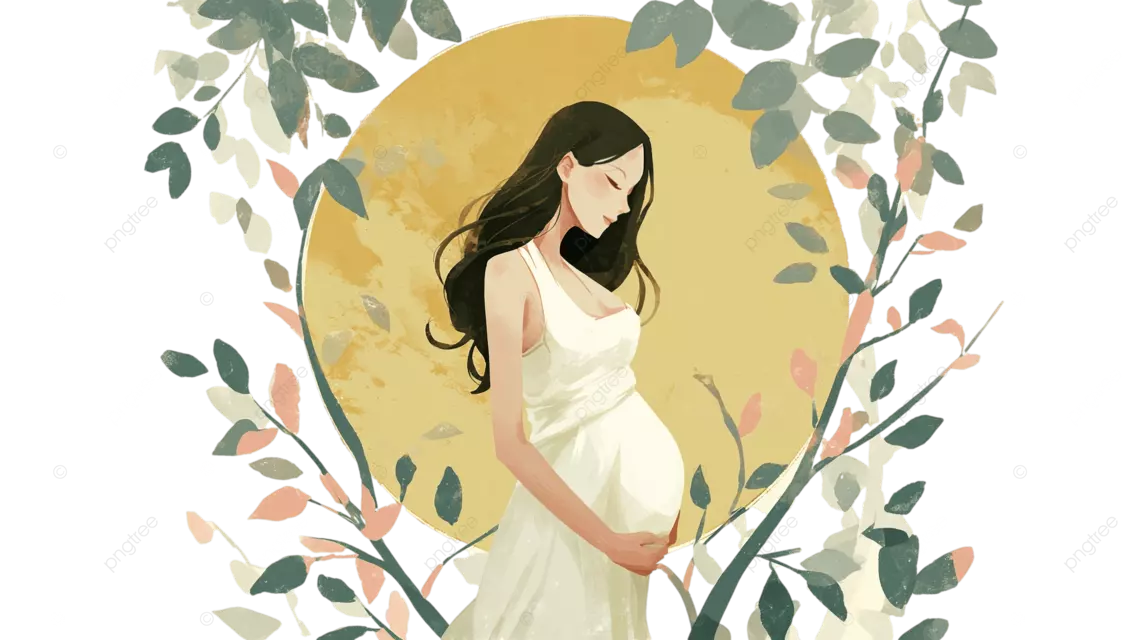 一位身穿白色连衣裙的孕妇抚摸着自己的肚子，背景是柔和的黄色树叶。