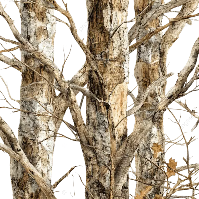 裸露的树干，带有纹理的树皮在黑色背景下