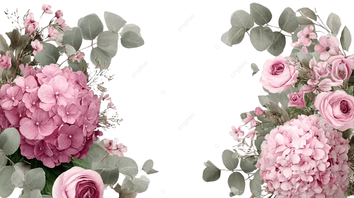 绣球花和玫瑰花环粉红色花朵与绿色桉树在浅灰色背景