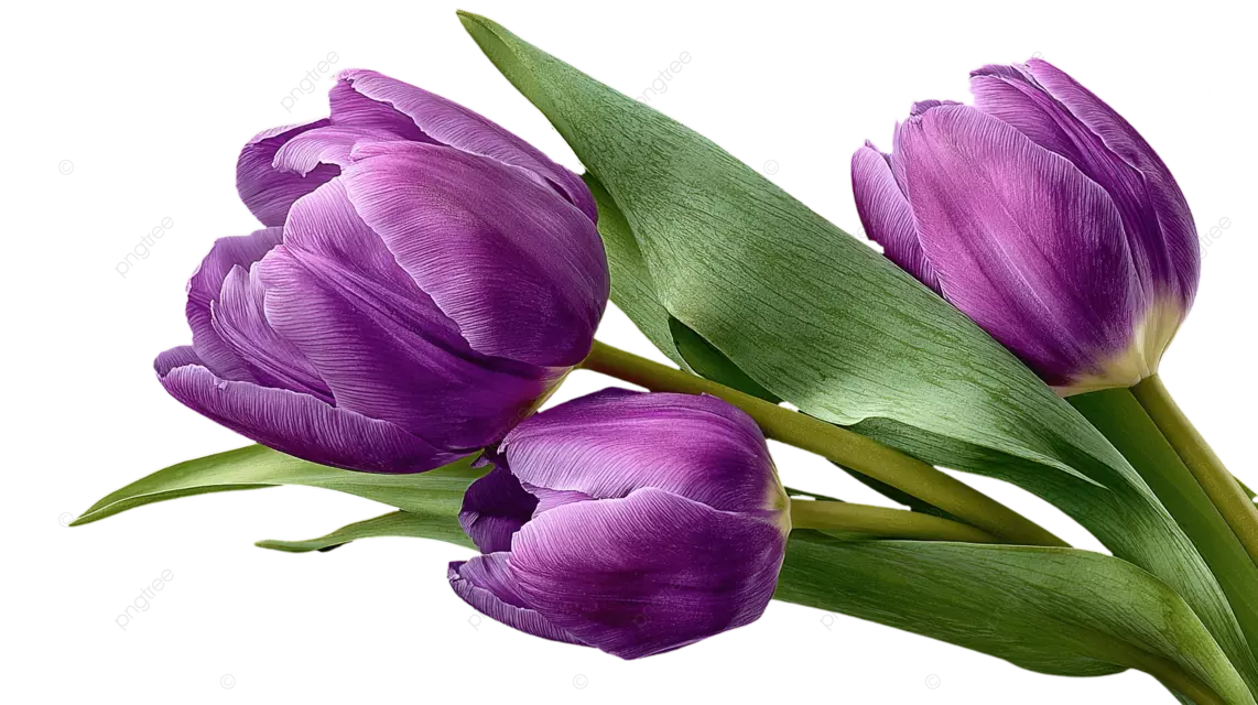 黑色背景上一束带绿叶的紫色郁金香