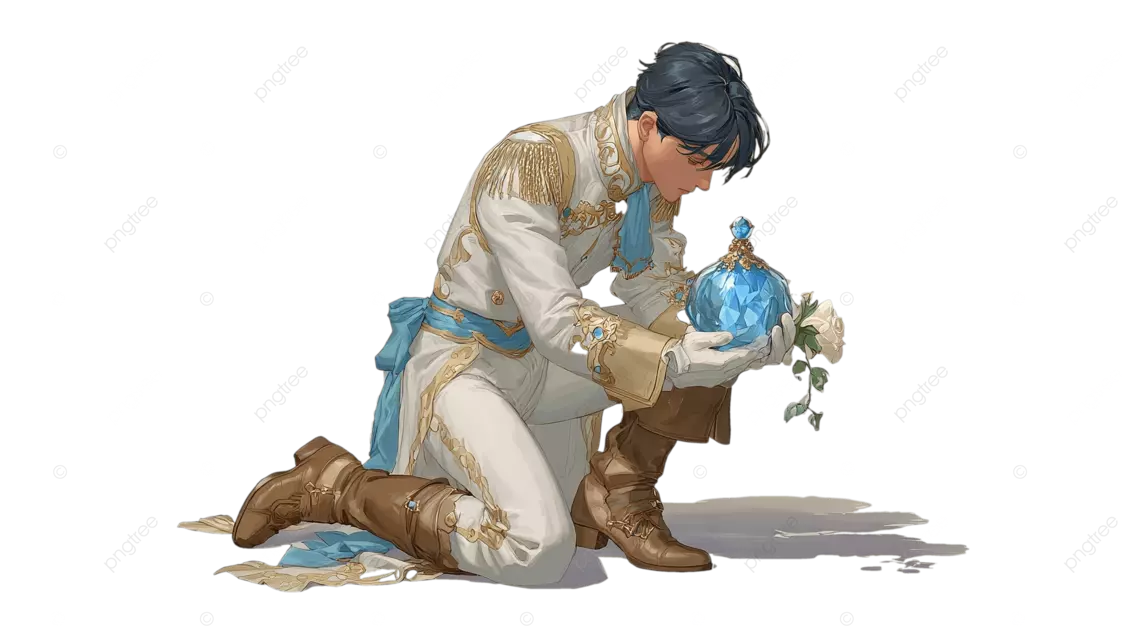 一名男子单膝跪地，手里拿着一只带水晶鞋的蓝色枕头