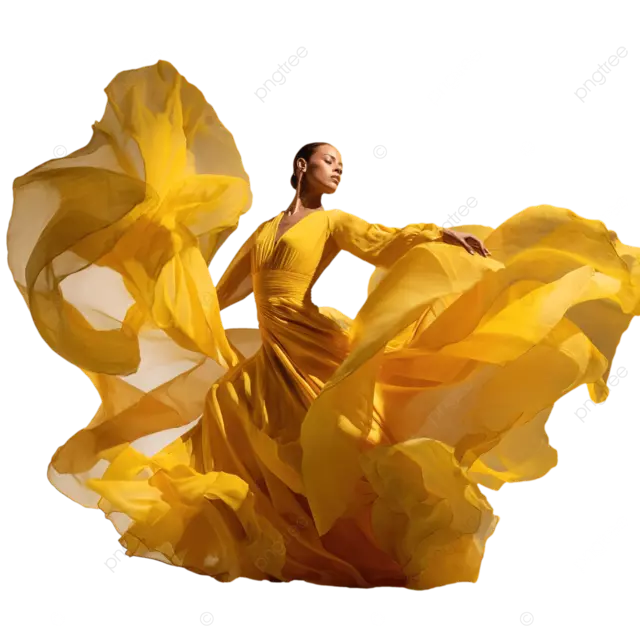 弗拉明戈舞者半身摆出黄色连衣裙的姿势，飘动的柔软抽象面料。