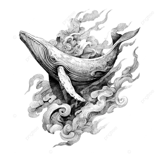鲸鱼与旋转云交织在一起的草图样式动态墨水笔触