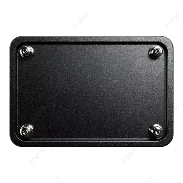 照片逼真的黑色空白摩托车车牌带有哑光塑料纹理和在白色背景上隔离的金属螺栓